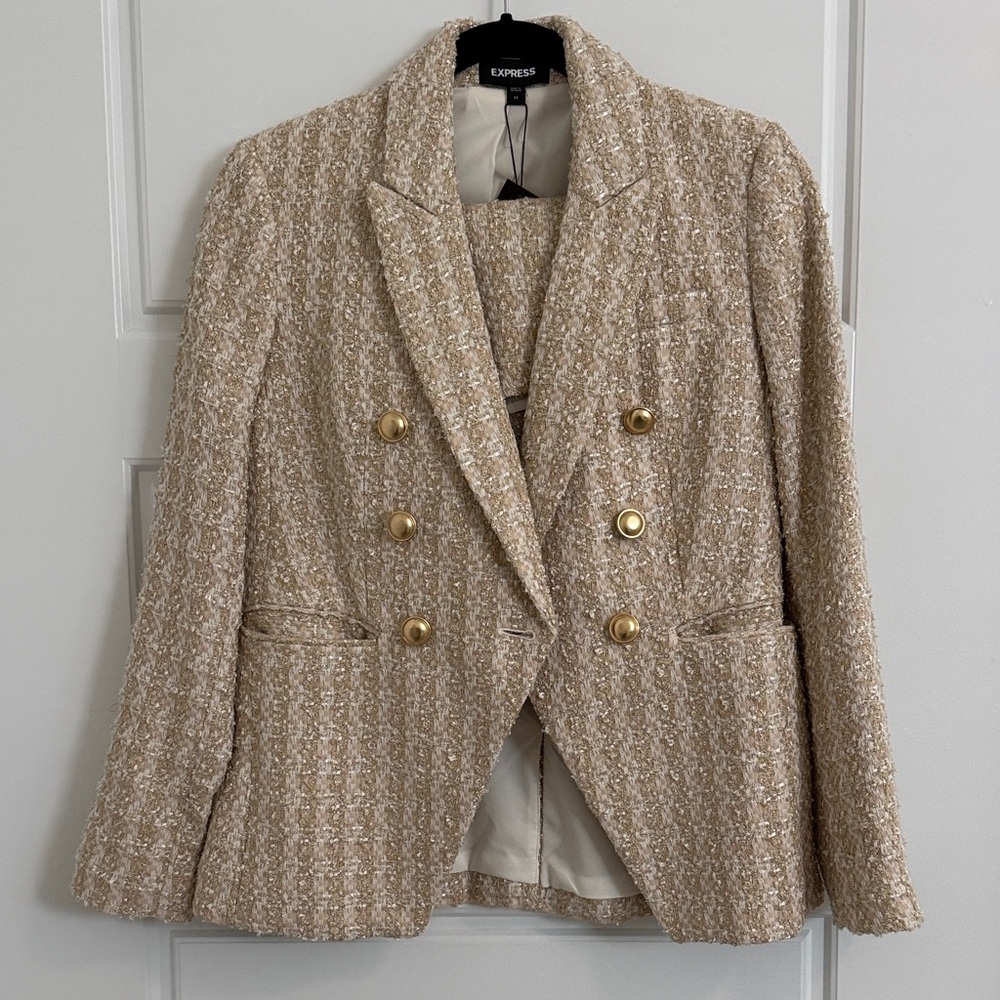Express Women's Beige Tweed Blazer with Gold Buttons and Matching Shorts